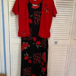 R & K Originals Chic Red and Black Floral Maxi Dress With Cardigan